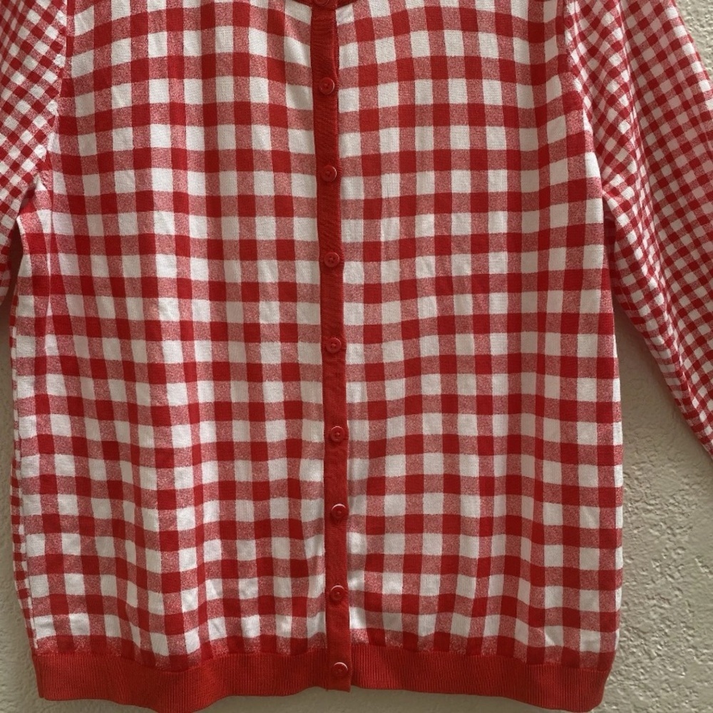 Talbots Red White Gingham Cardigan SweaterSize XL 3/4 Sleeve Cottagecore NWT - Picture 4 of 8